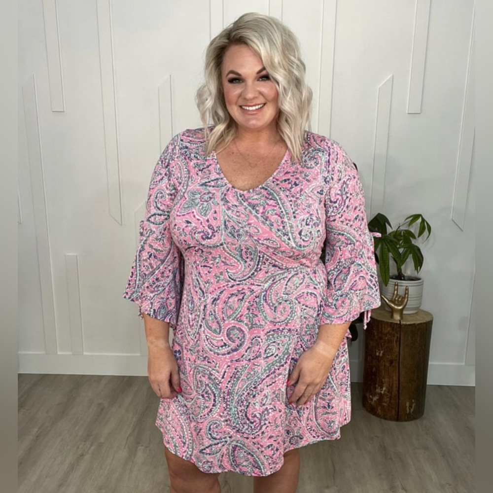 Pink Paisley dress with ruffle bell sleeves